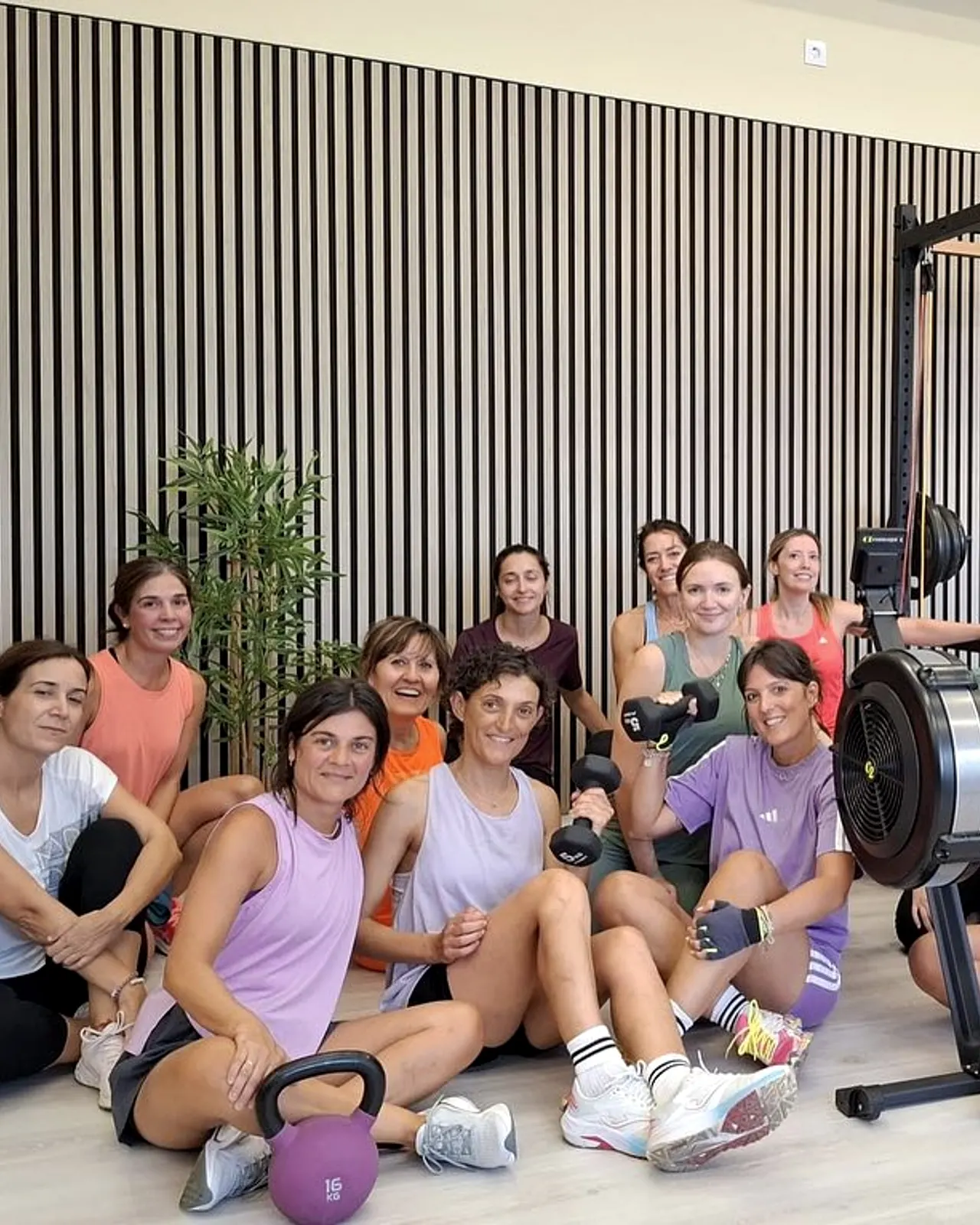 Grupo de alumnos en la sala, con la jaula de fuerza al fondo